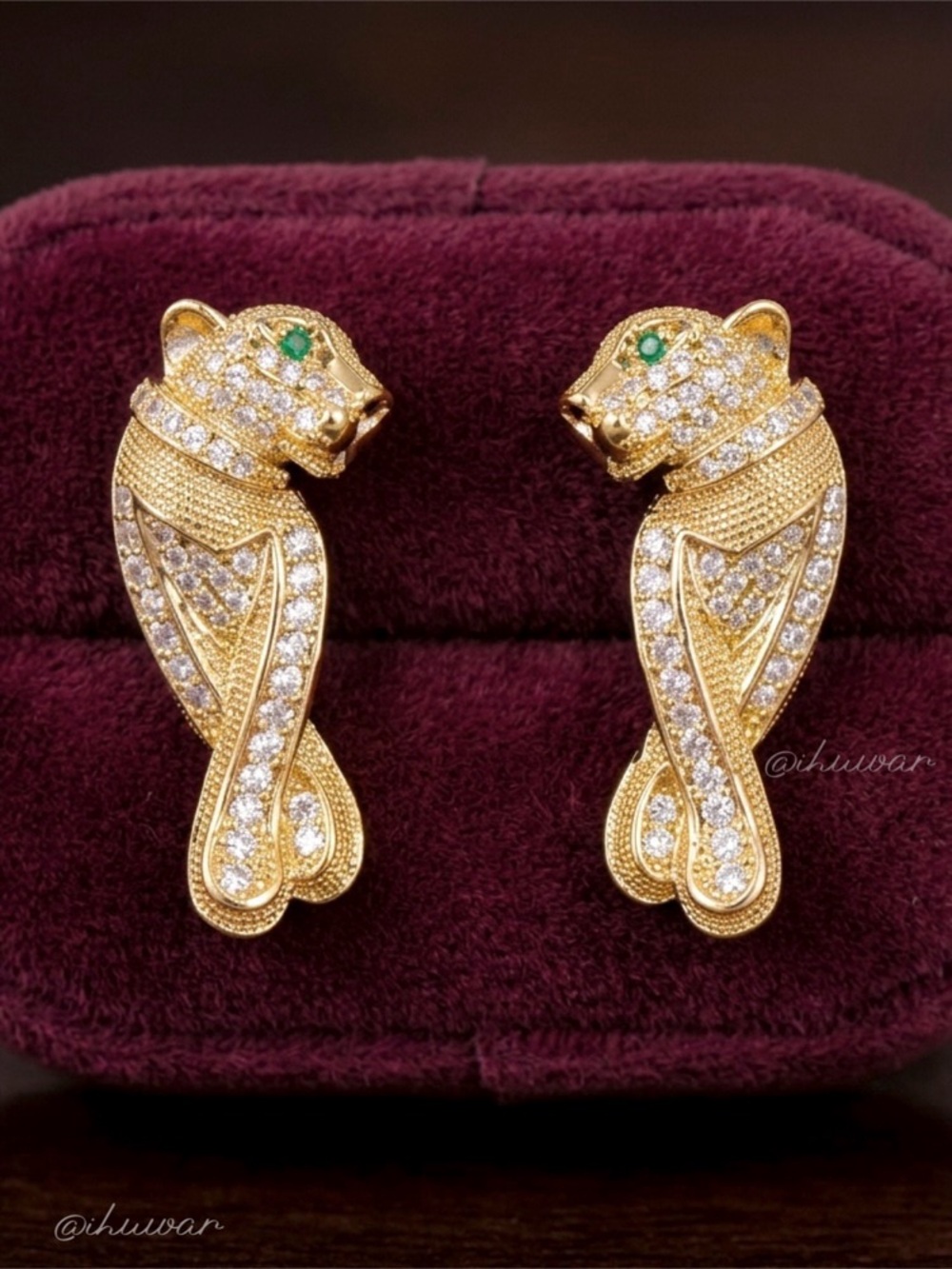 Luxurious 14k Gold Plated Panther Emerald Green Cubic Zirconia Earrings